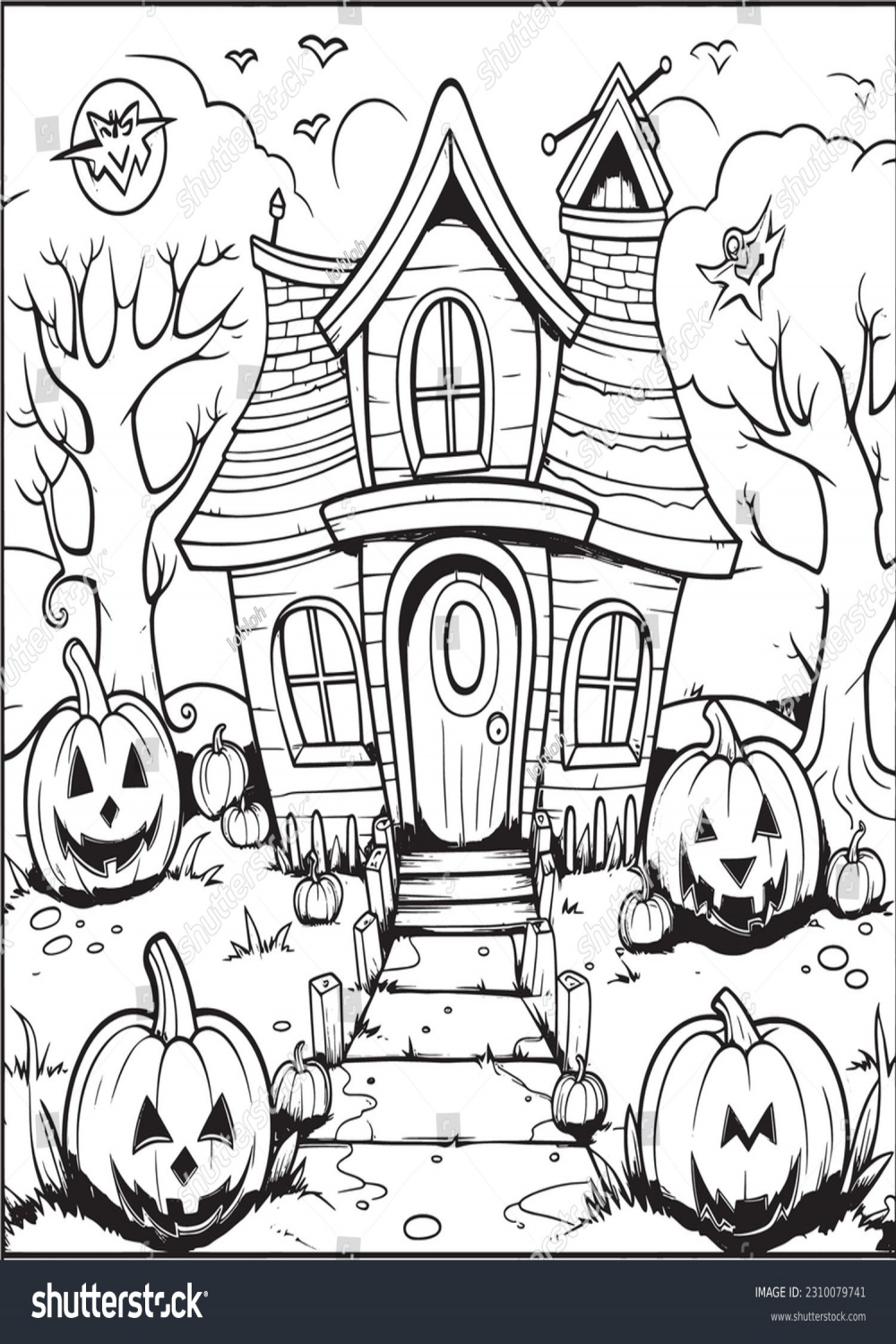 ,6 Cute Halloween Black White Line Drawings Images, Stock