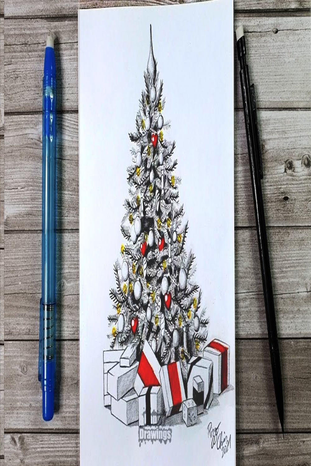 A Christmas Tree Pencil Sketch Drawing How to Draw a Christmas Tree with  Gifts