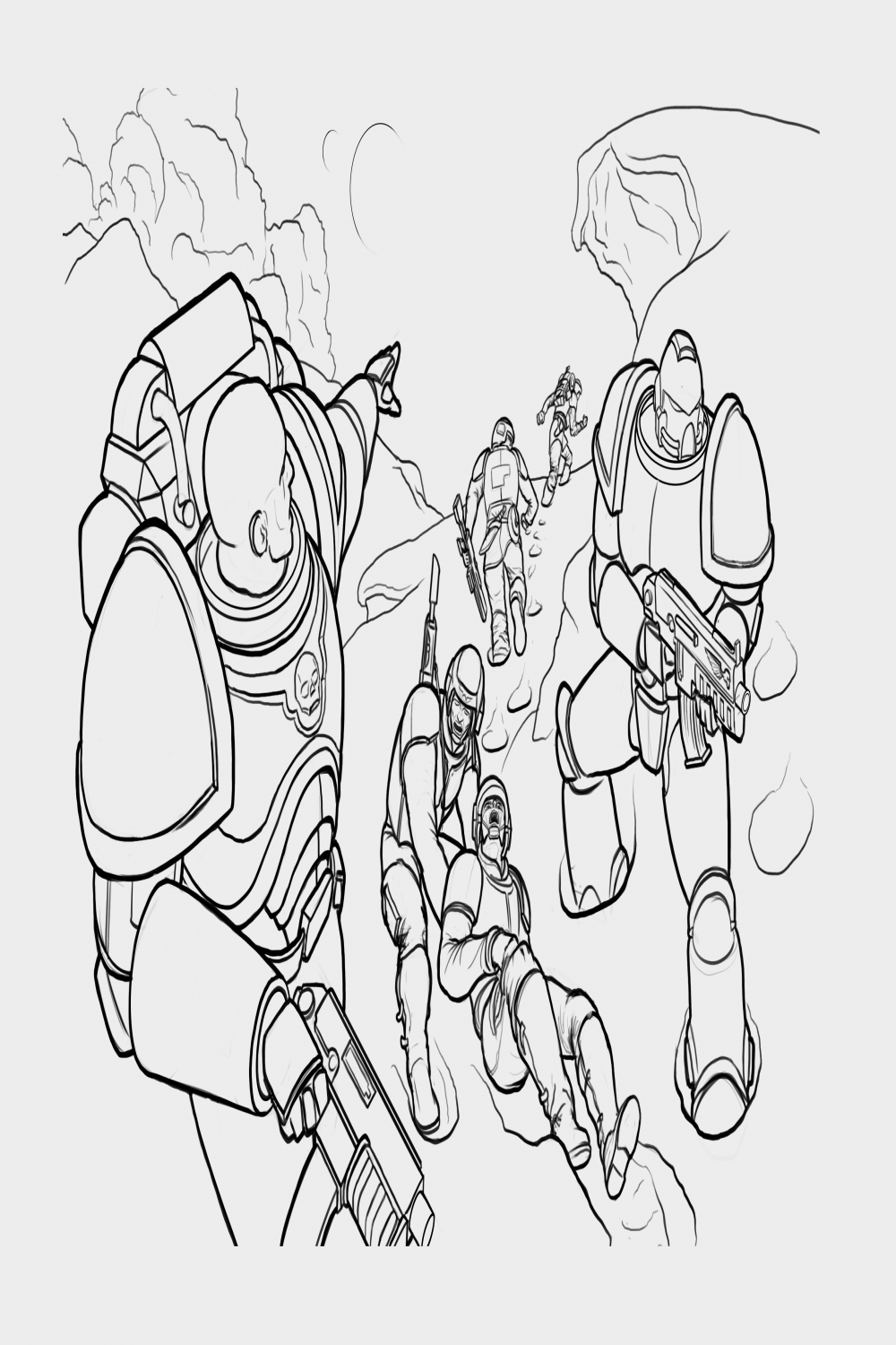Astartes secure Guardsmen retreat (my first warhammer k drawing