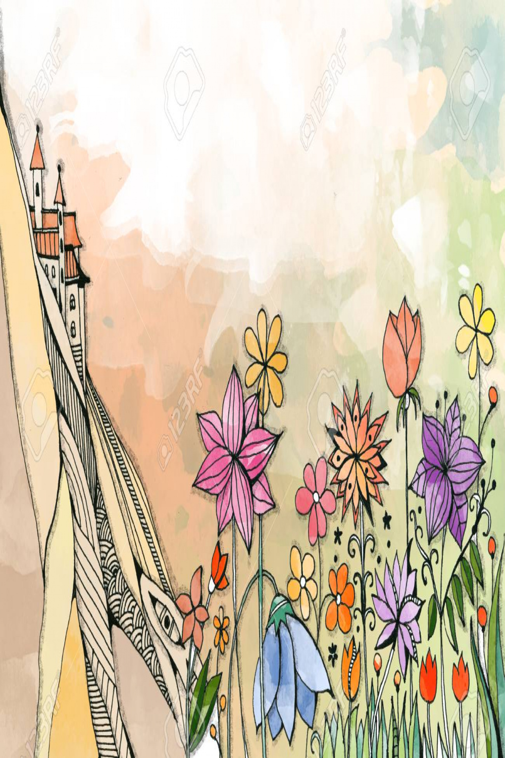 Beautiful Flowers Grow At The Foot Of The Mountain