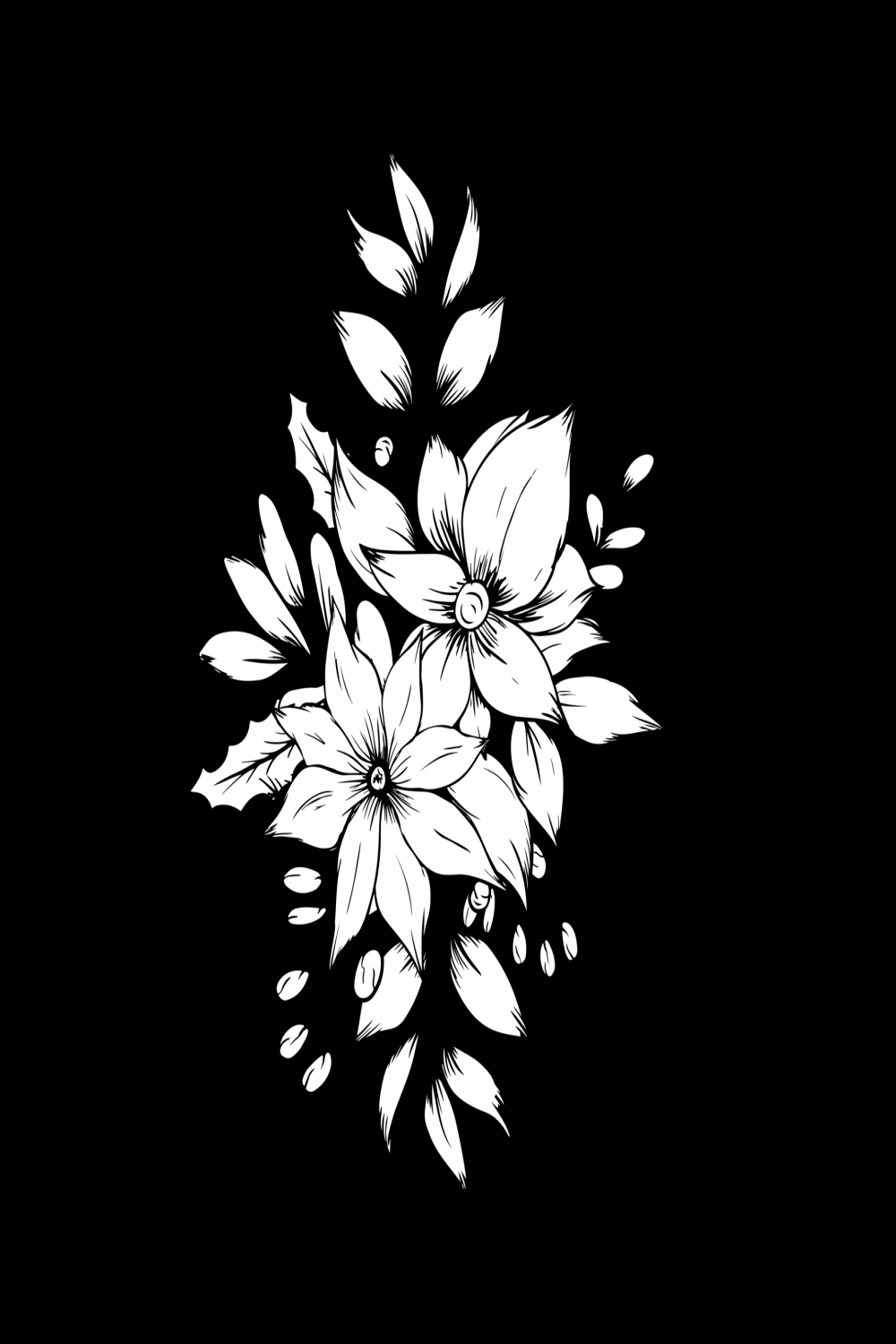 Black and White Hand Drawn Flower with Leaf Transparent Background