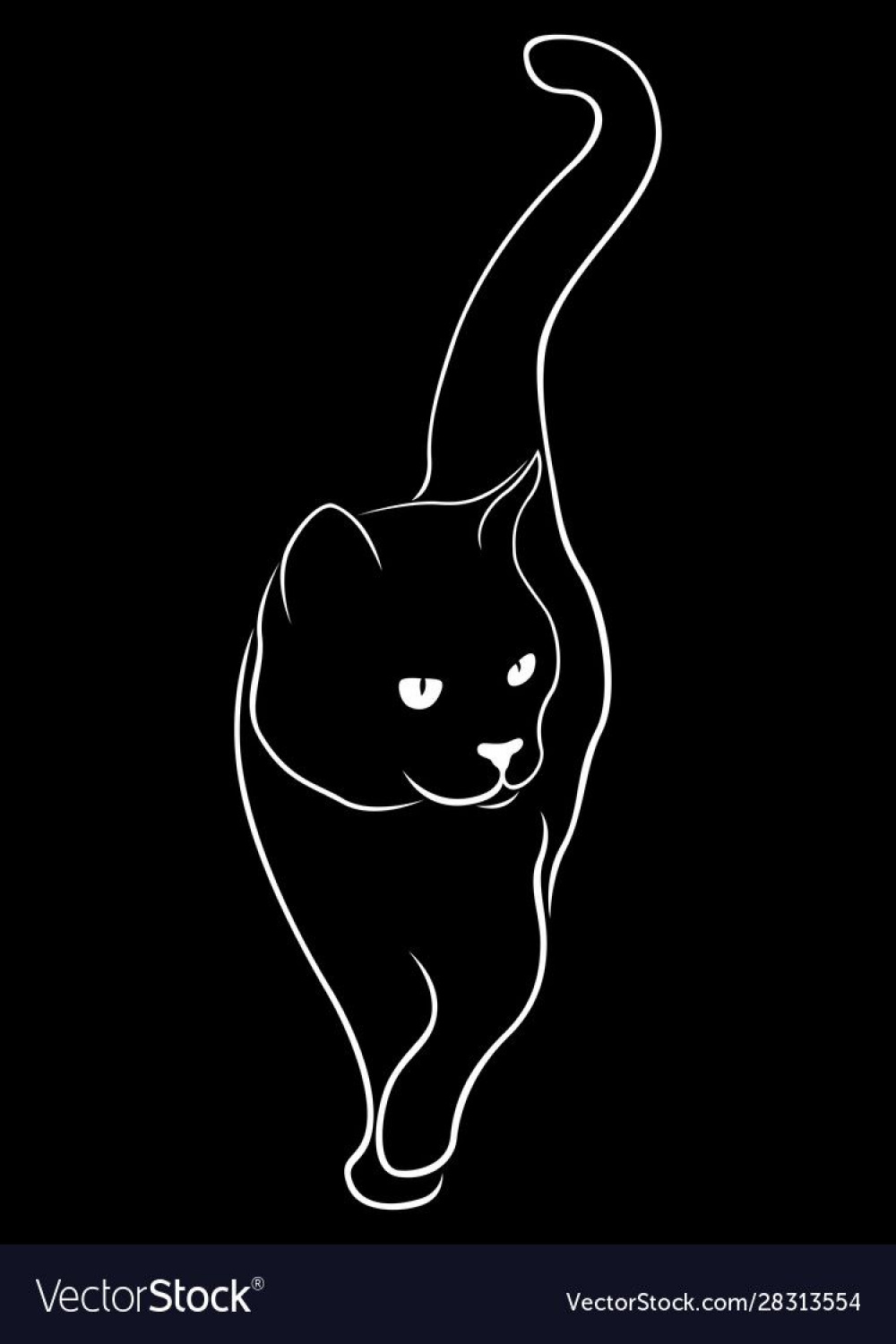 Black cute cat stencil in motion and looking away, vector hand