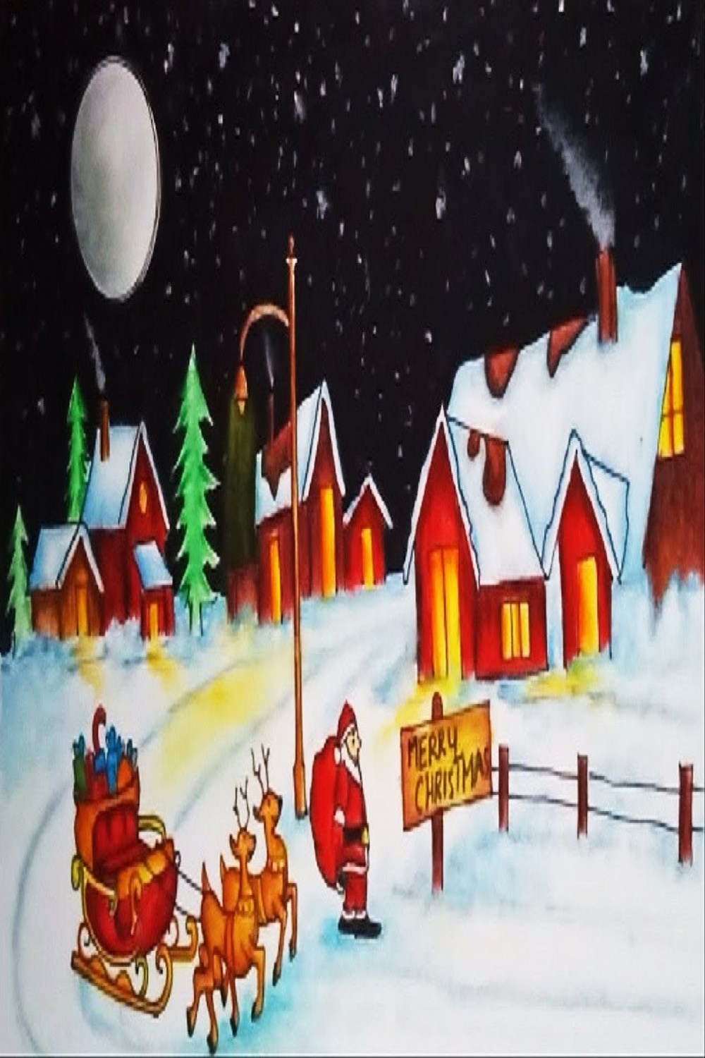Christmas Drawings - How To Draw a Christmas Scene with Santa Claus   Christmas Festival Drawing