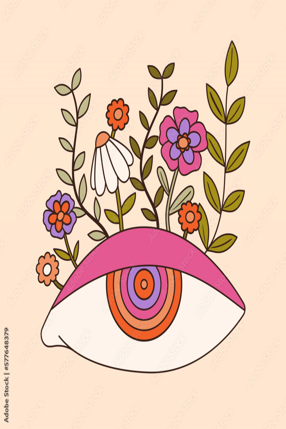 Colorful groovy eye and flowers illustration in s and s style
