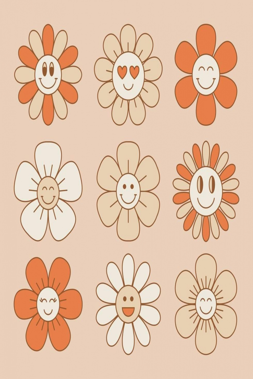 Cute and smiling flower collection in retro s style