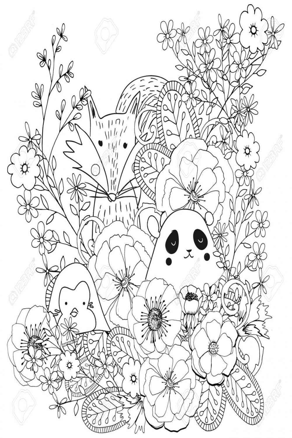 Cute Animals In Flowers Drawing Coloring Page Stock Photo, Picture