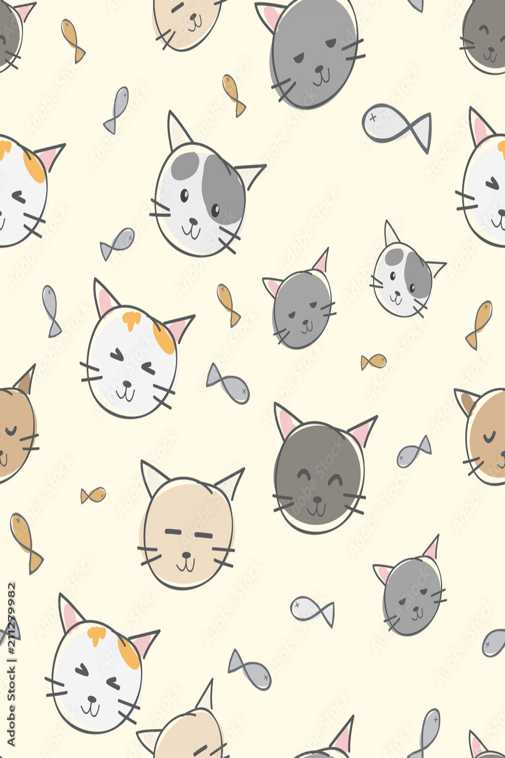 Cute cat kitten seamless pattern kid drawing doodle style