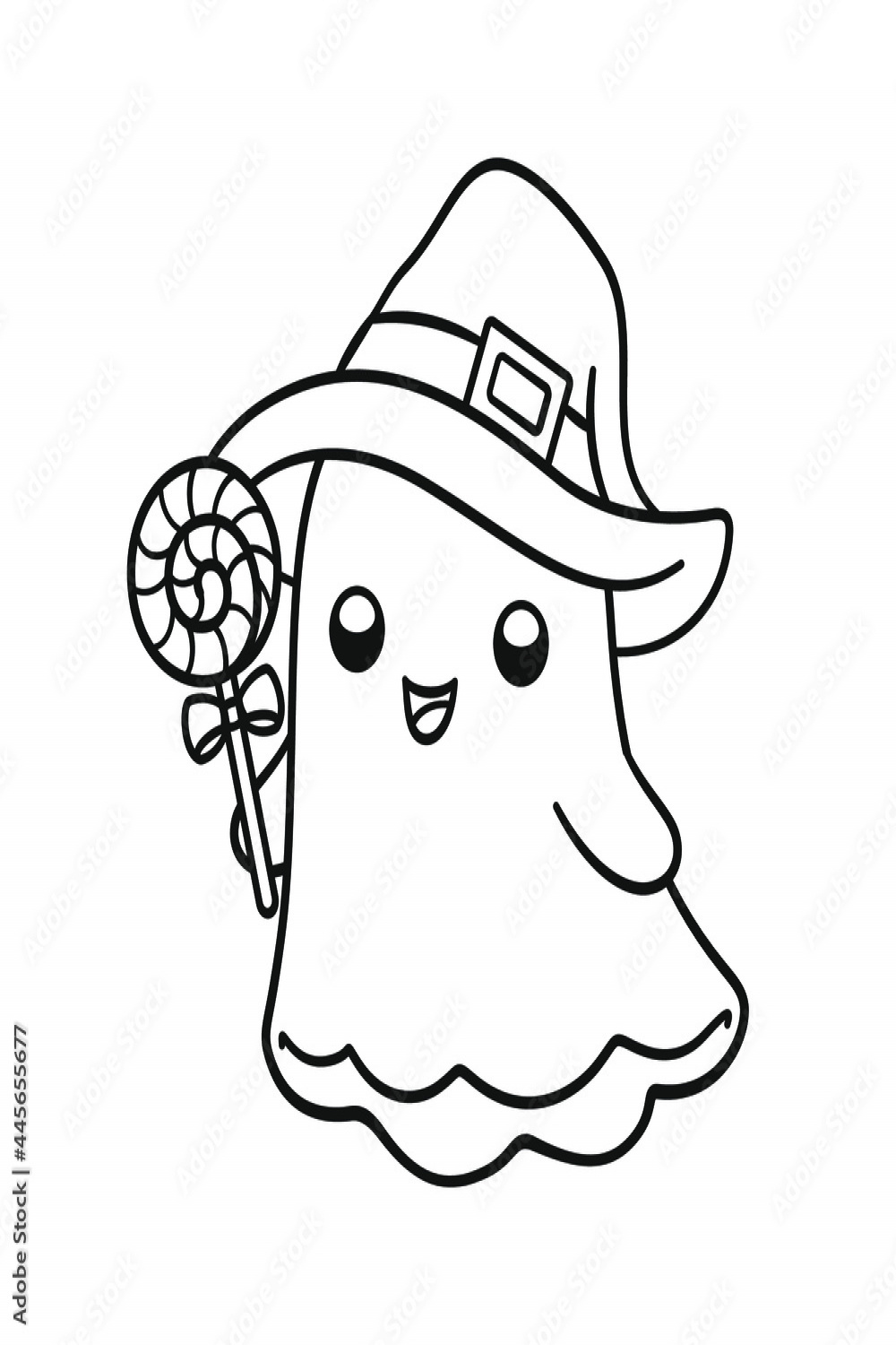 Cute ghost wearing witch hat holding candy outline doodle cartoon