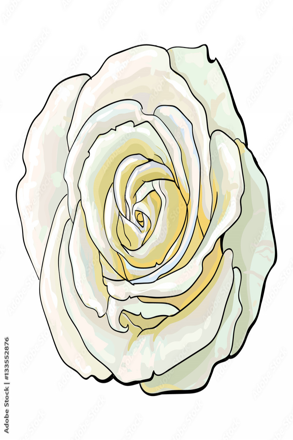 Deep white rose bud, top view sketch style vector illustration