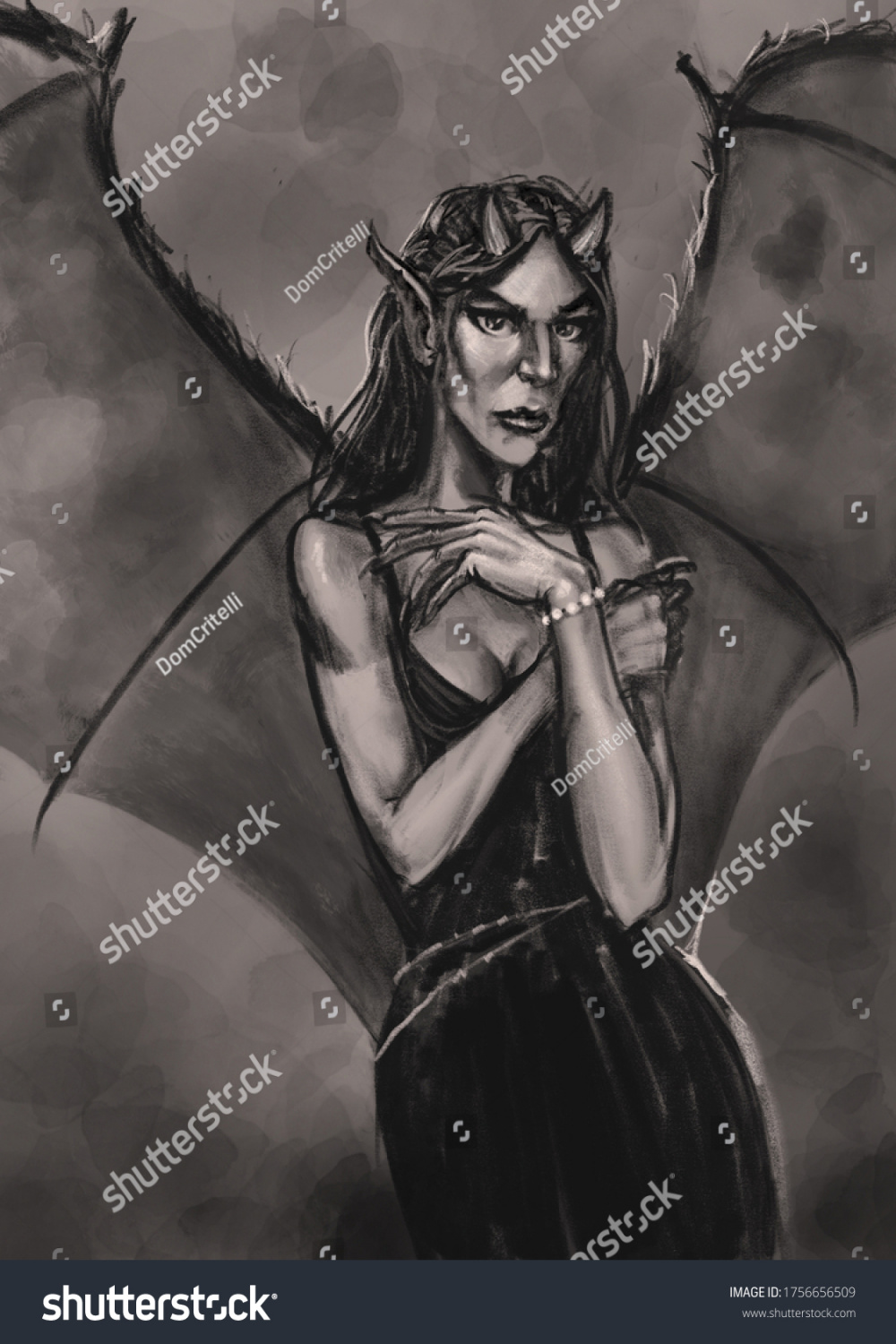 Digital Drawing Female Succubus Bat Wings Stock Illustration