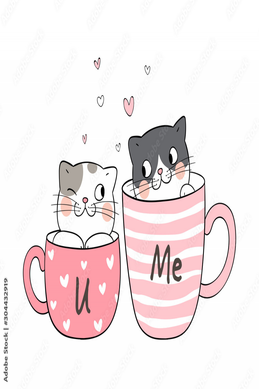 Draw couple love of cat in cup of tea