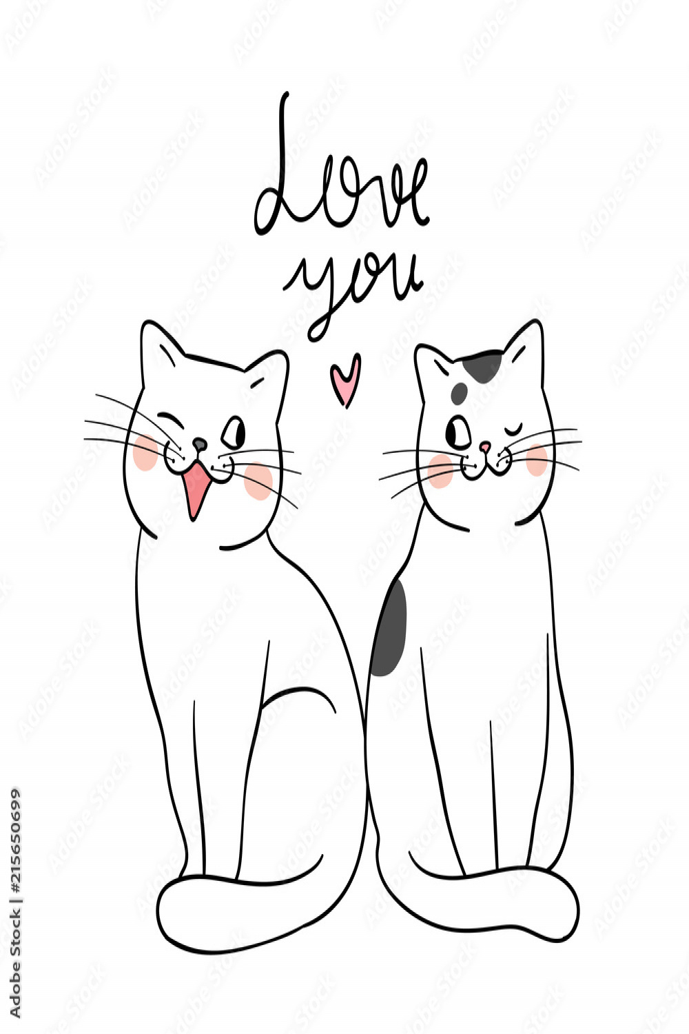 Draw couple of cat and word love you Doodle style Stock Vector