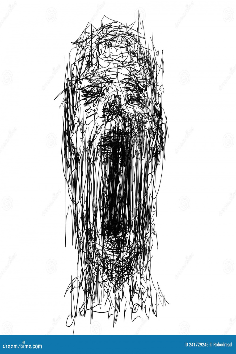 Drawing Sketch of Expressive Face of Person Screaming Loud Stock