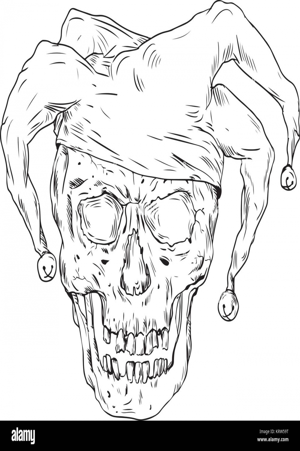 Drawing sketch style illustration skull of a medieval jester