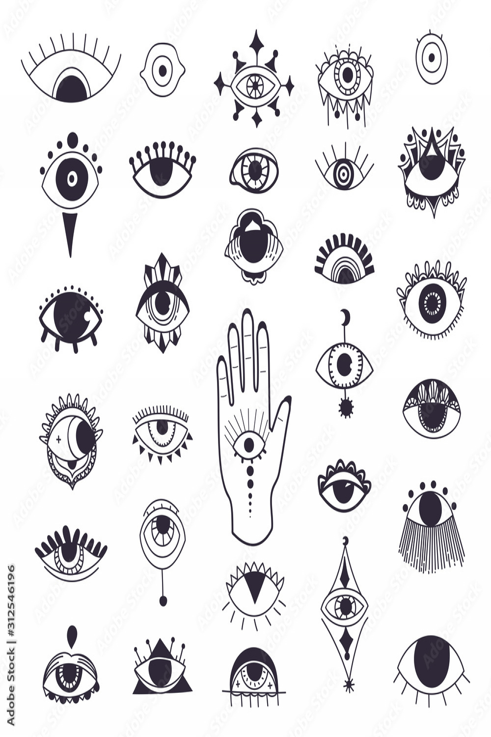 Evil eyes symbol set. Free hand drawing style