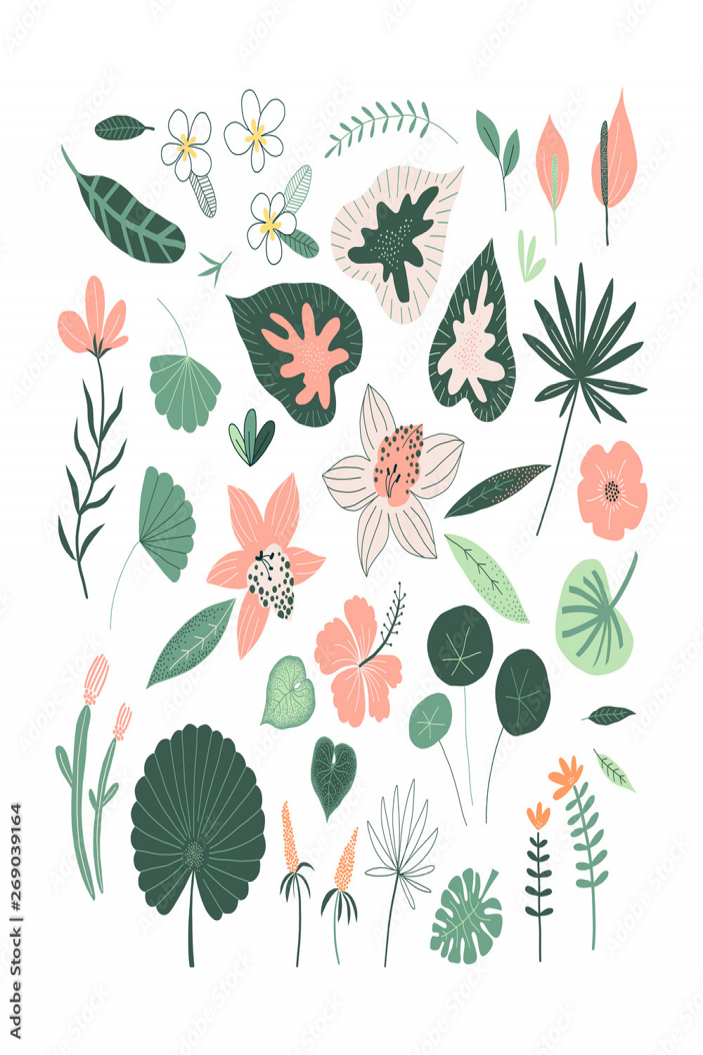 Exotic tropical plant and flowers drawing set isolated on white