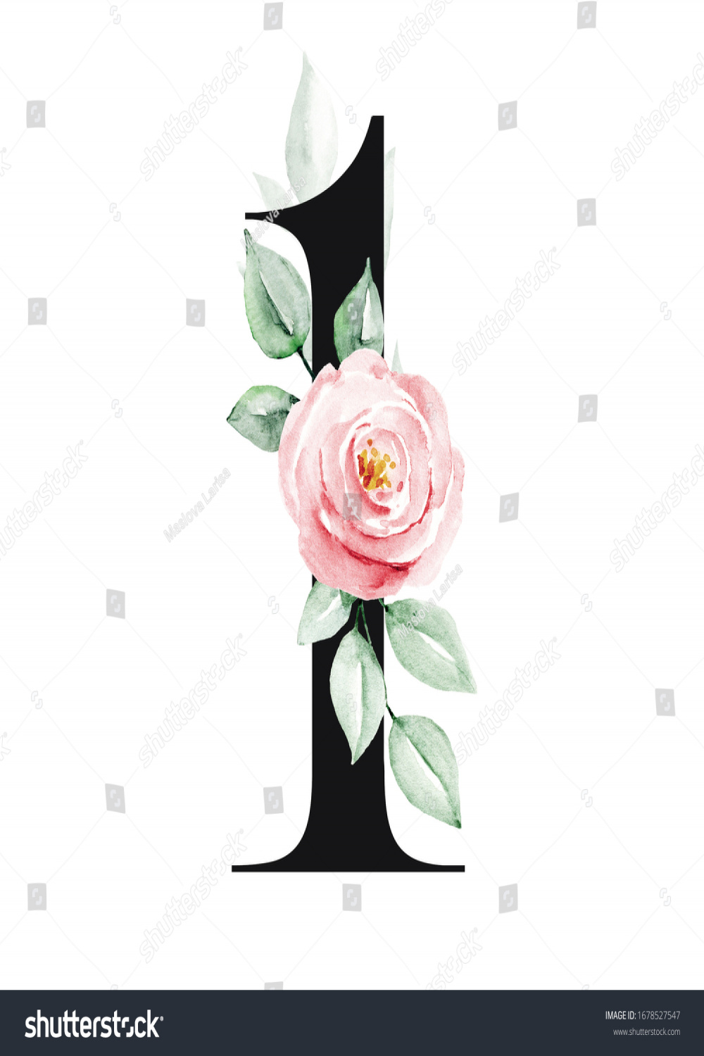 Floral Number  Watercolor Drawing Flowers Stock Illustration