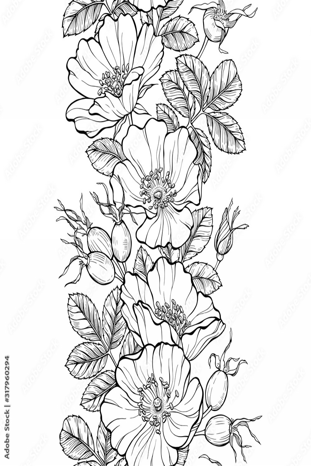 Floral seamless border, line art drawing