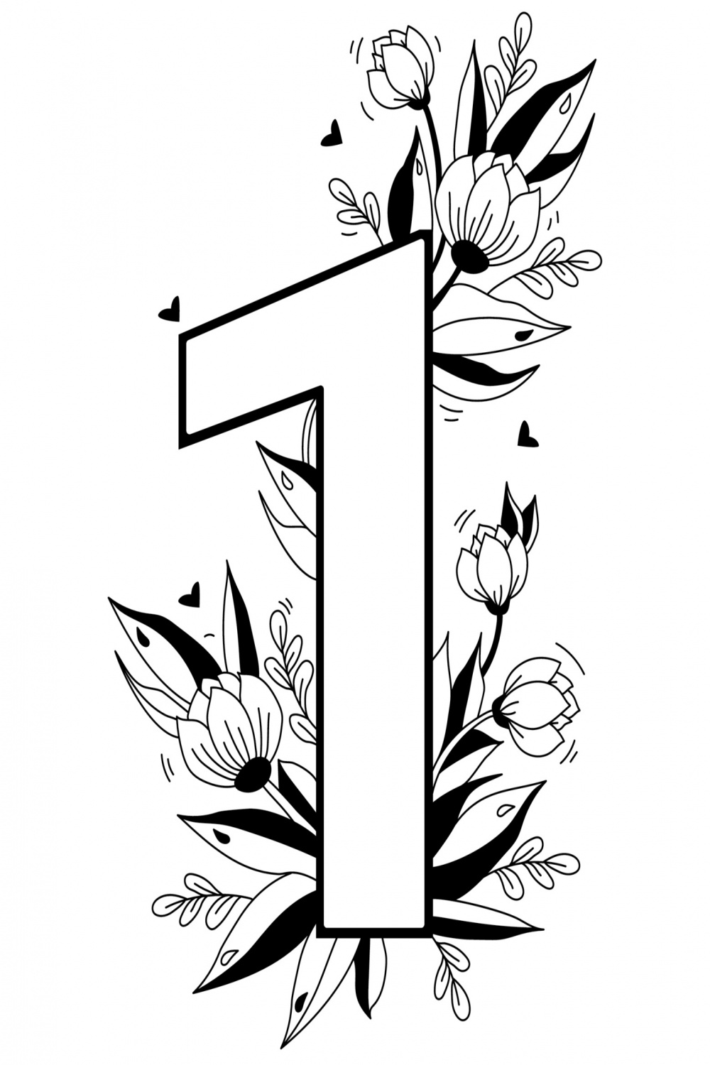 Flower number. Decorative floral pattern digit One