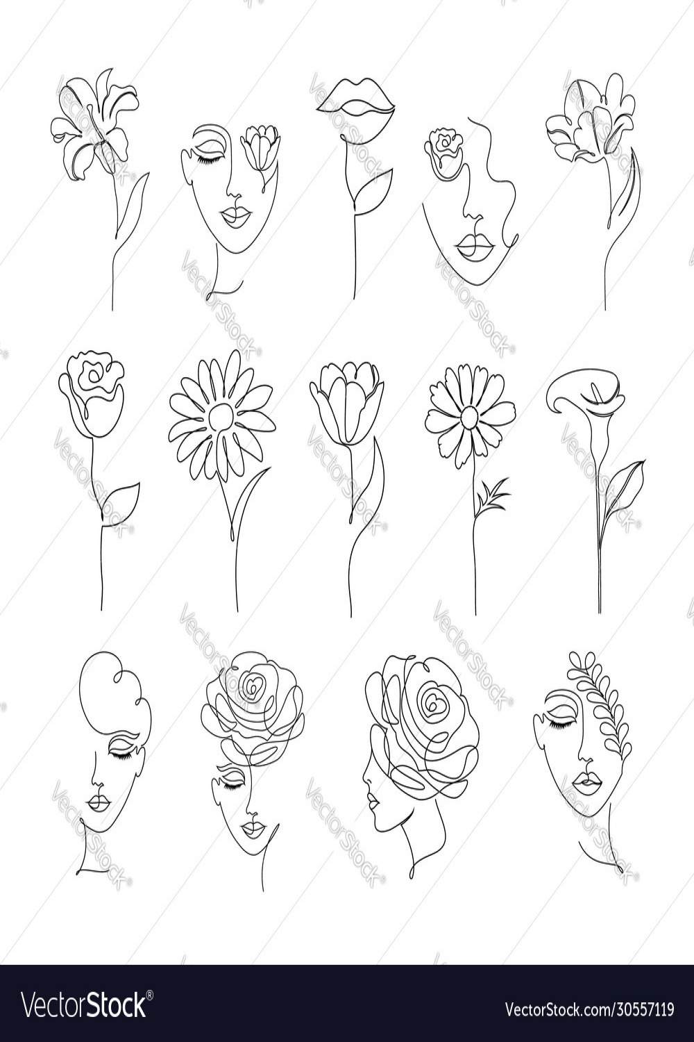 Flowers and women in one line drawing style Vector Image