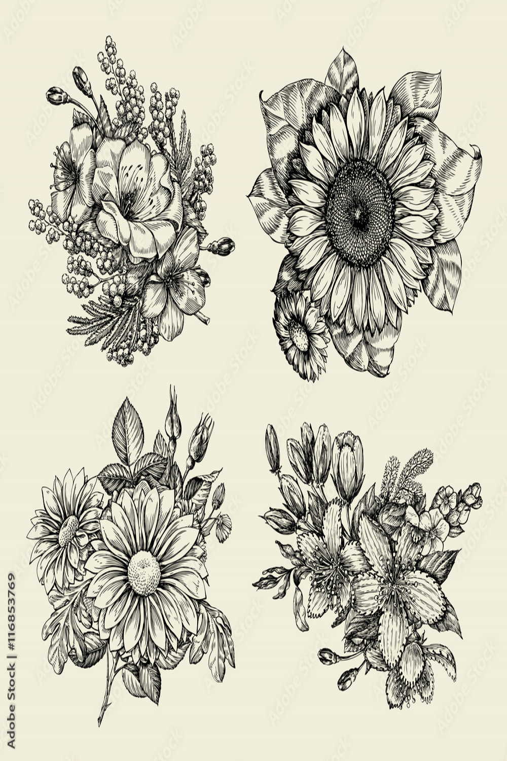 Flowers. Hand drawn sketch flower, floral pattern