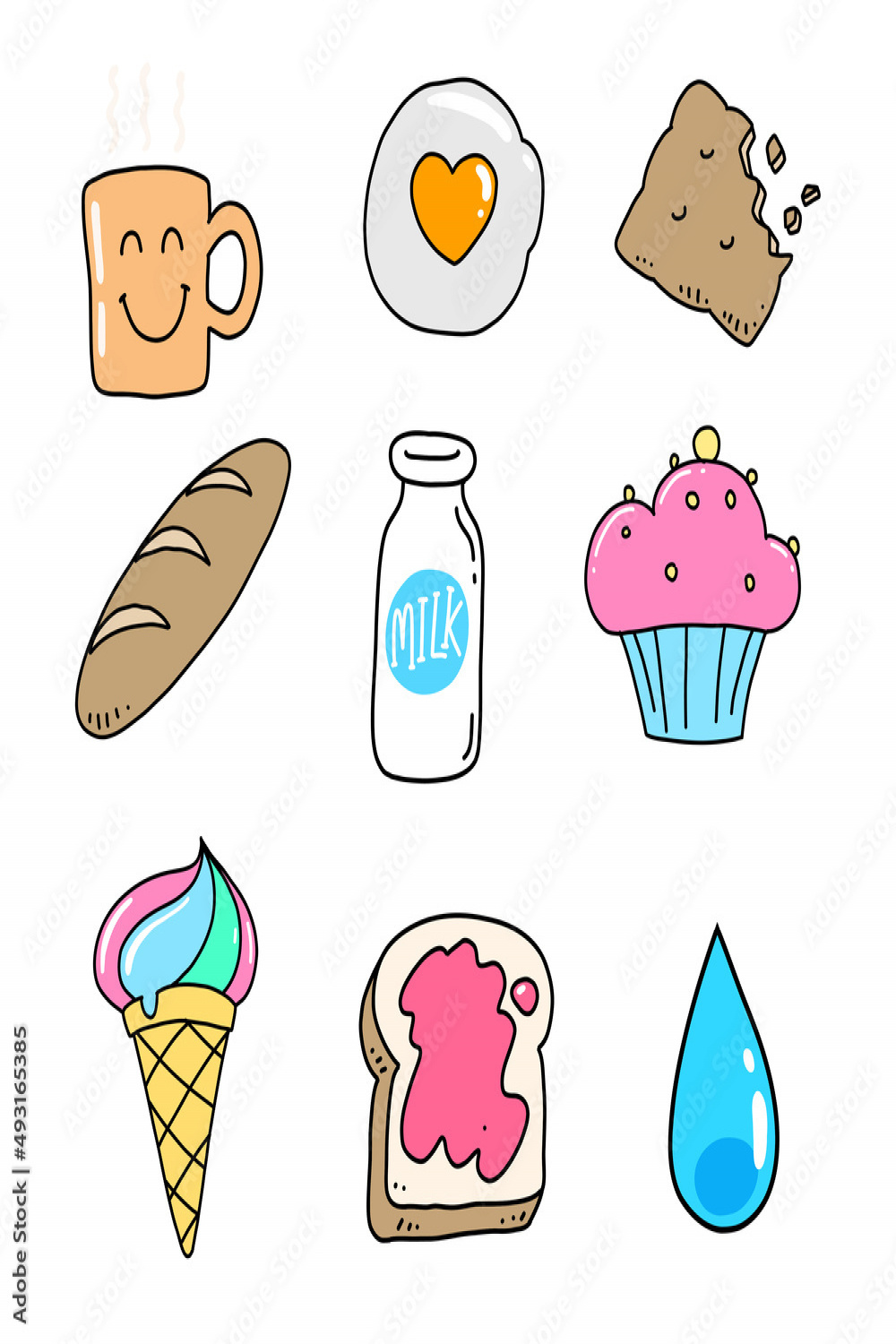 Food and drink drawing, cute colorful doodle illustration on white