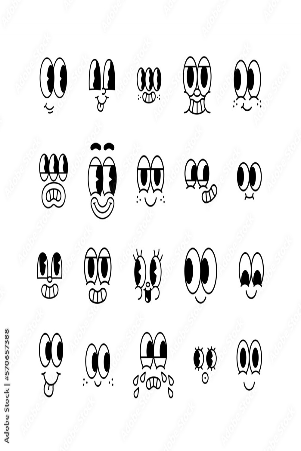 Funny retro cartoon character face drawing set on isolated