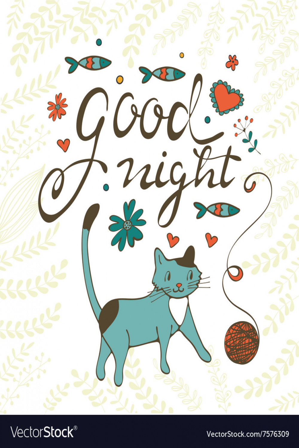 Good night concept card with cute cat flowers Vector Image