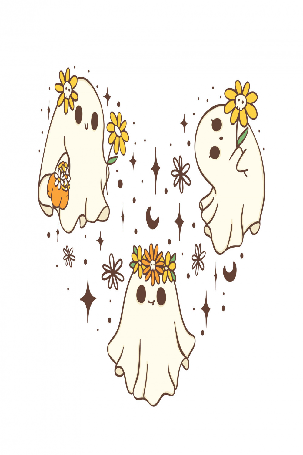 group of Cute Halloween ghost with daisy flower in heart shape