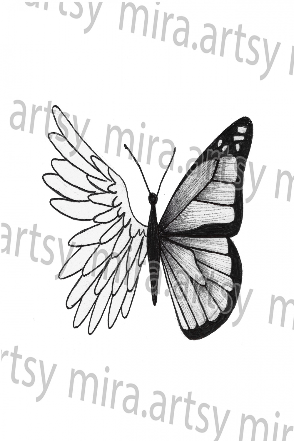 Half Angel Wing Butterfly Drawing Scan DIGITAL DOWNLOAD for - Etsy UK