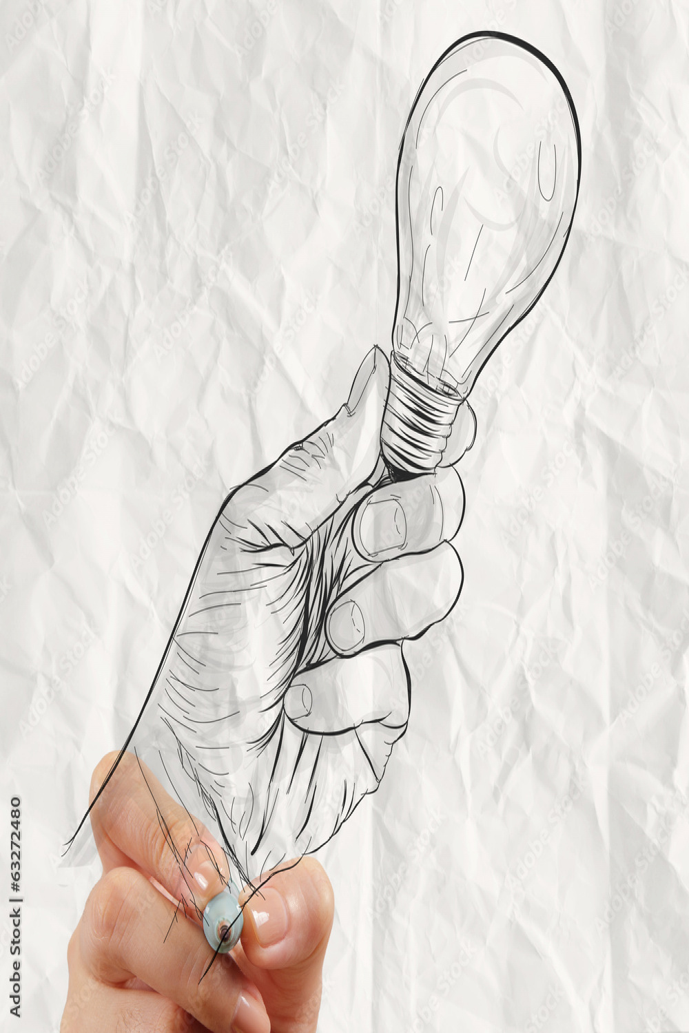 Hand drawing hand hold light bulb on crumpled paper background a