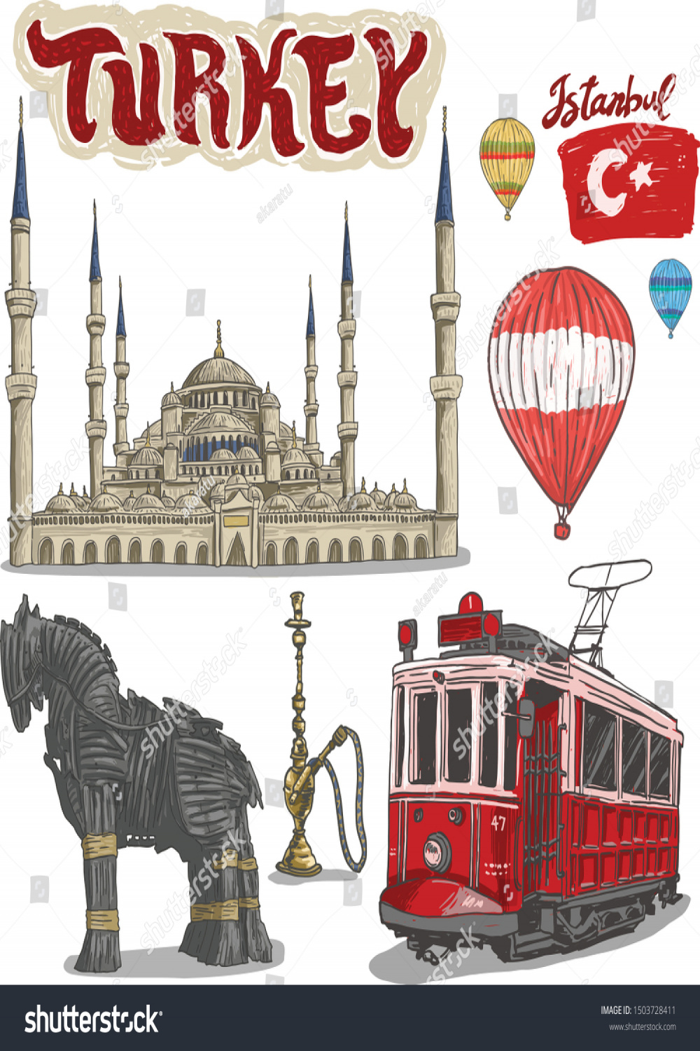 Hand Drawing Turkey Istanbul City Set Stock Vector (Royalty Free
