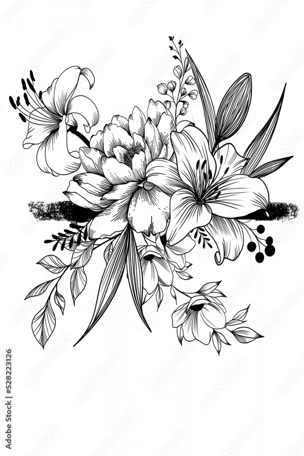 Hand drawn flowers , line-art on white background