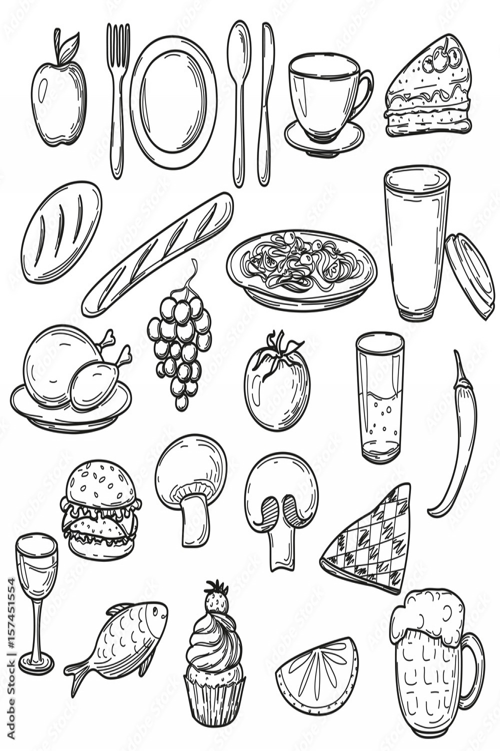 Hand drawn food doodles, line art simple sketches isolated on