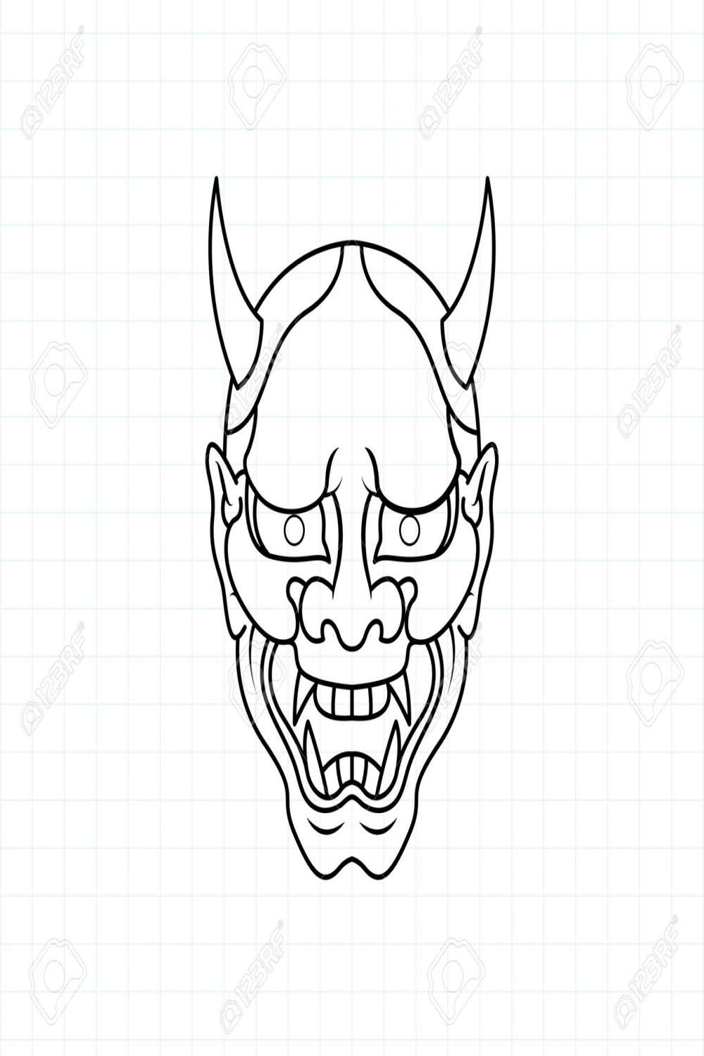 Hand Drawn Japanese Oni Demon Mask Coloring Page, Vector