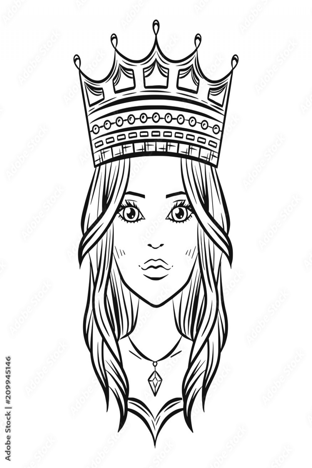 Hand drawn lovely queen, vector illustration on white background