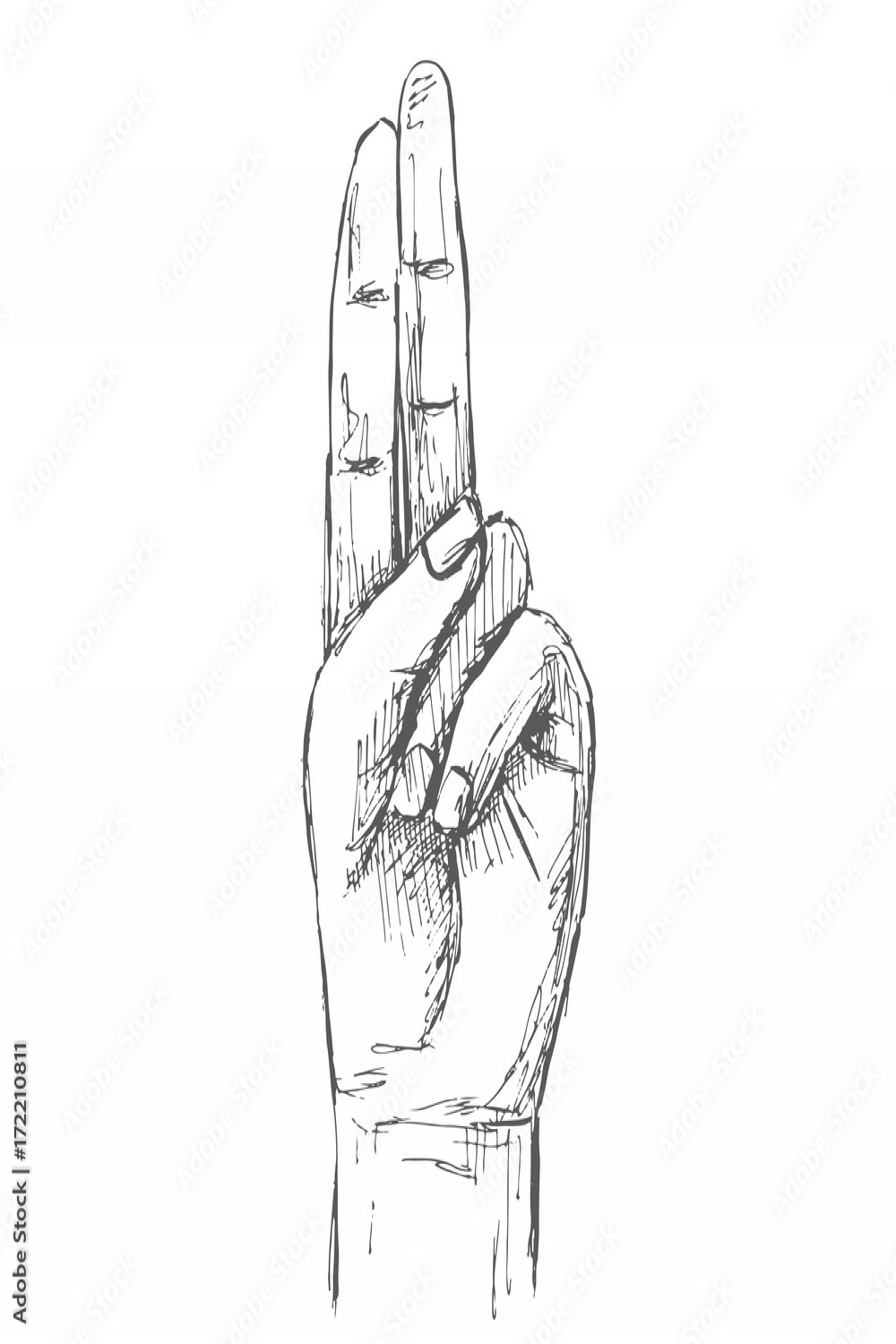 Hand, gesture. Two fingers up. Illustration in sketch style