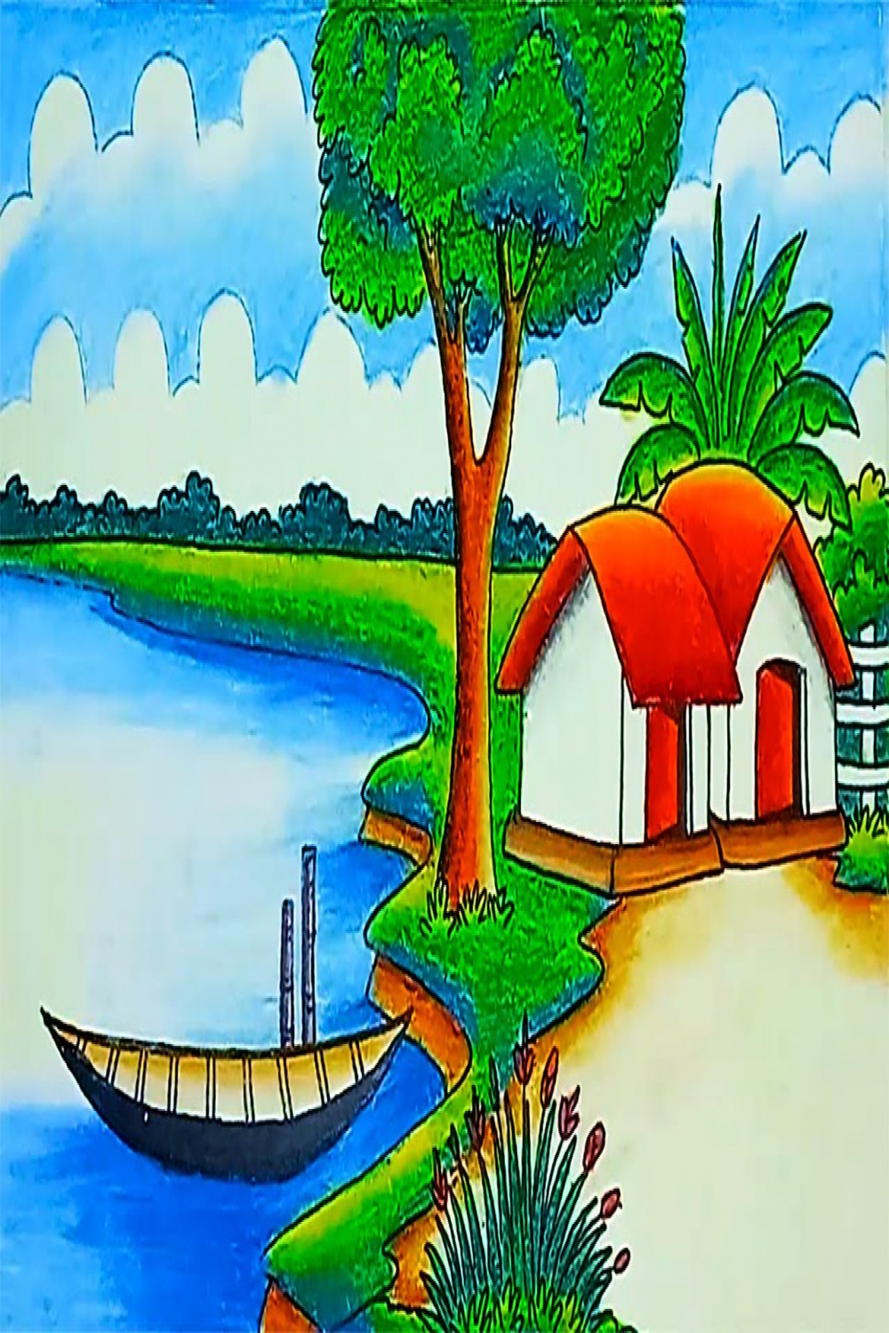 How to draw a beautiful riverside village scenery with landscape drawing  easy beautiful nature Draw