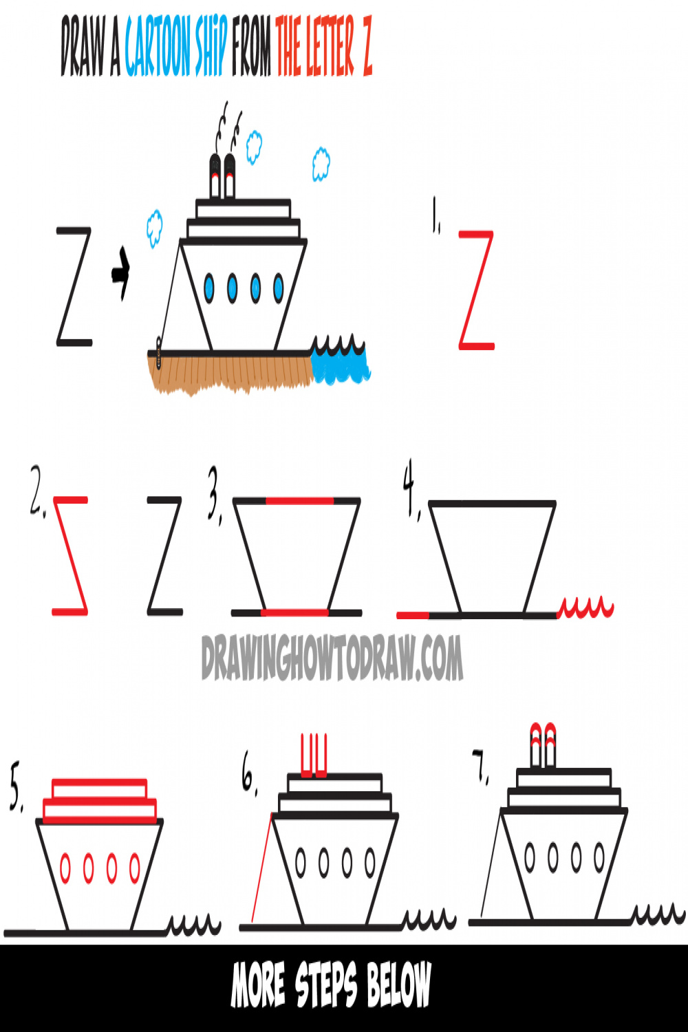 How to Draw a Cartoon Ship from the Letter z Shape - Easy Drawing