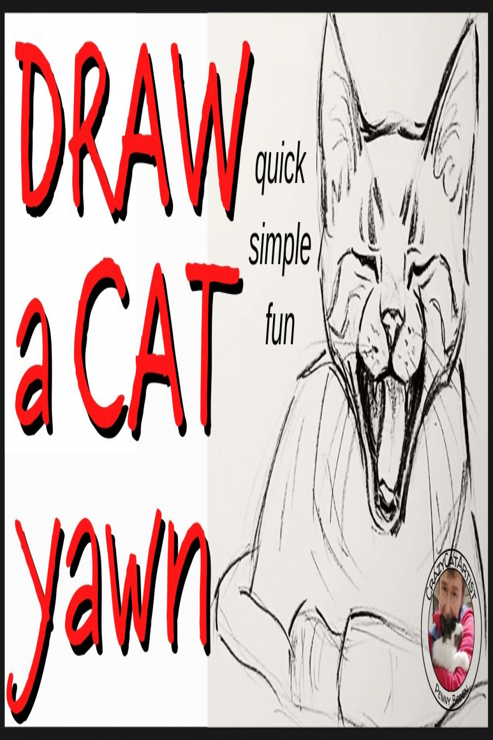 How to Draw a Cat Mouth Open Yawning - simple method kitty sketch tutorial,  beginning artist & up