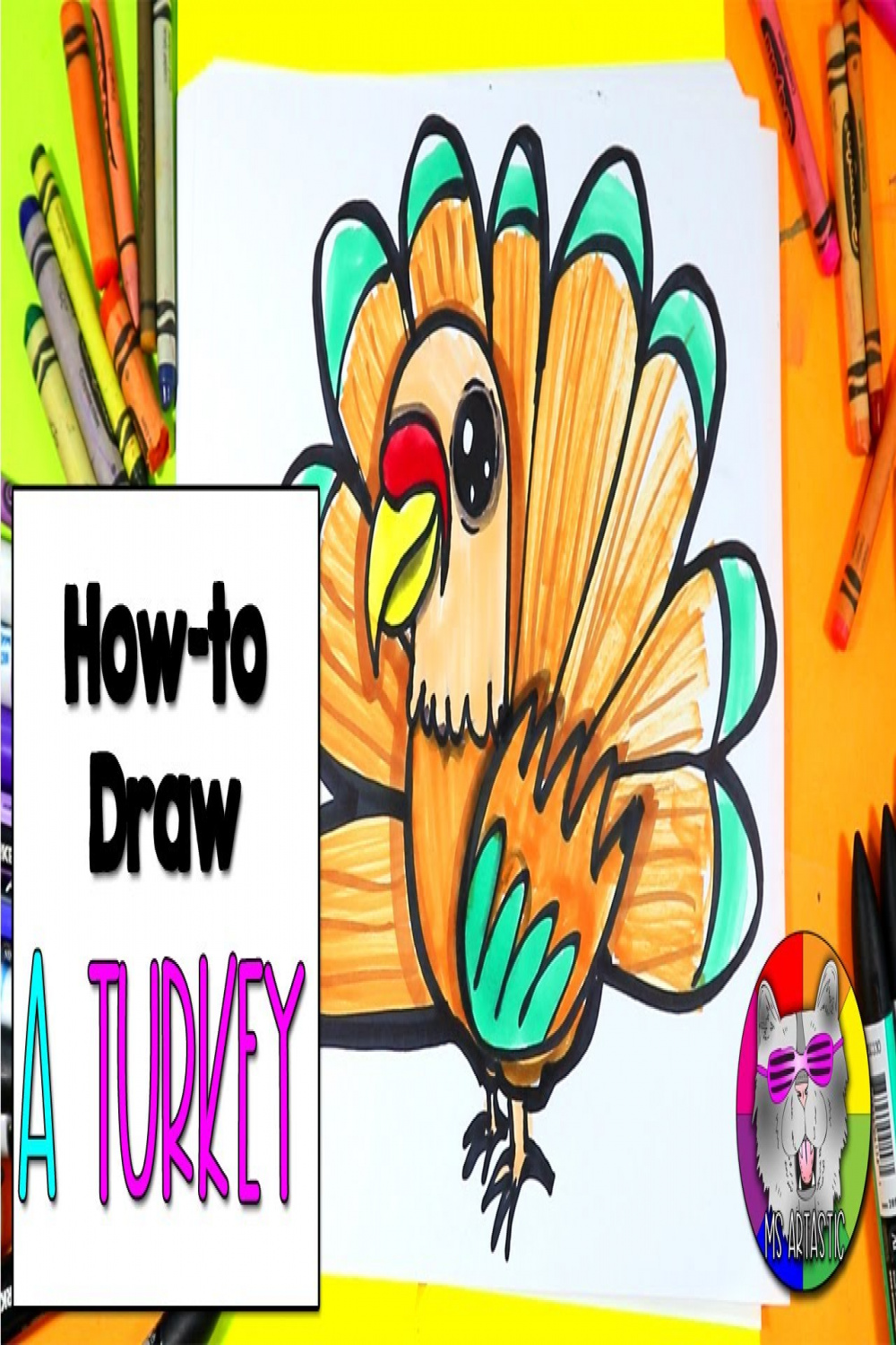 How To Draw a Turkey, Thanksgiving Step-By-Step Directed Drawing Tutorial,  Ms Artastic