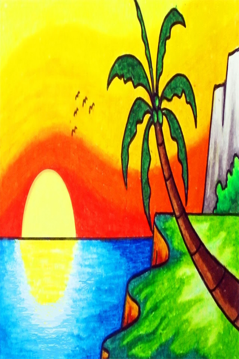 How to Draw Beautiful Sunset Over the Sea  Easy Nature Scenery Drawing for  Beginners