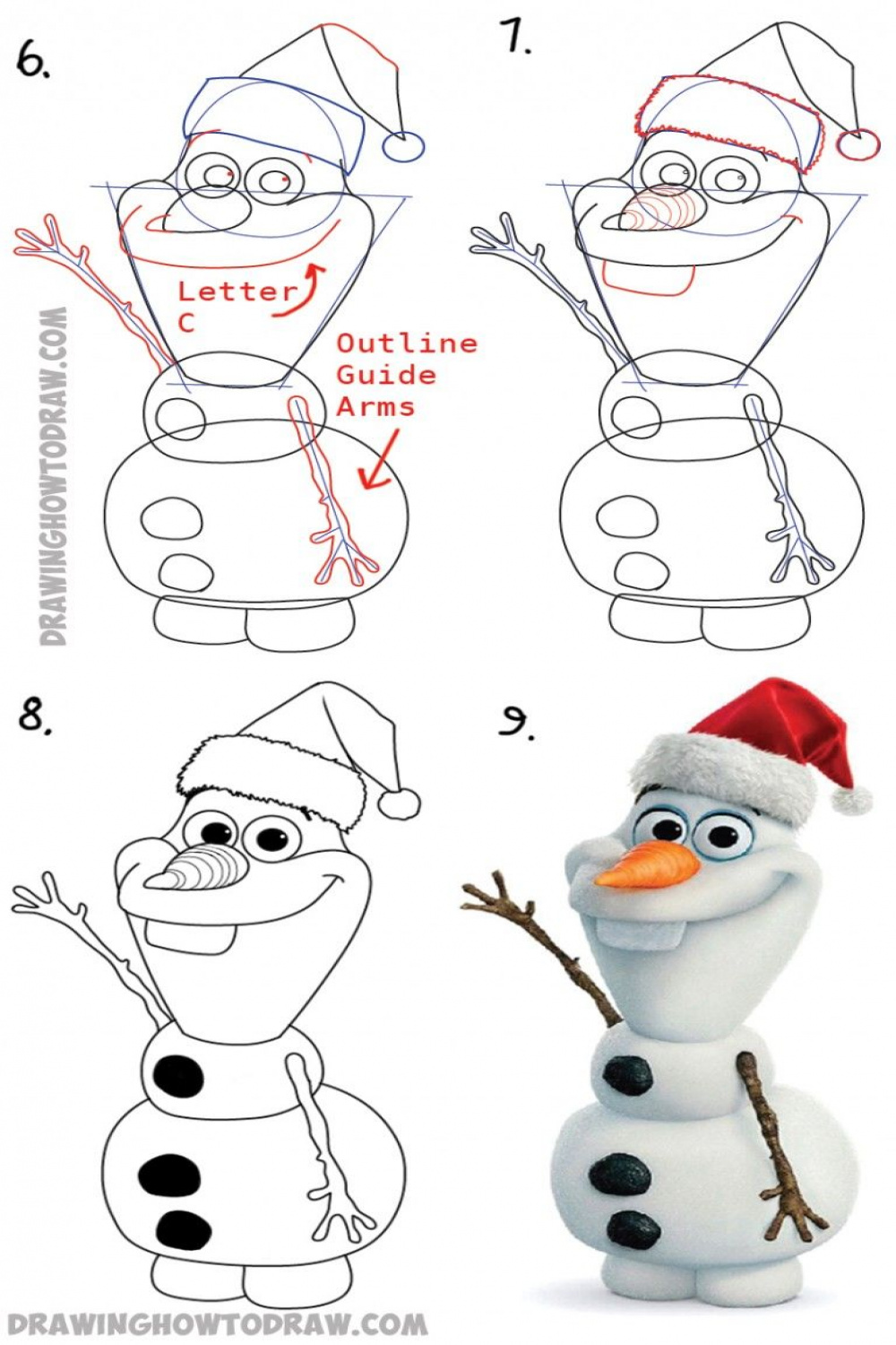 How to Draw Olaf with Santa Claus Hat On Step by Step Drawing