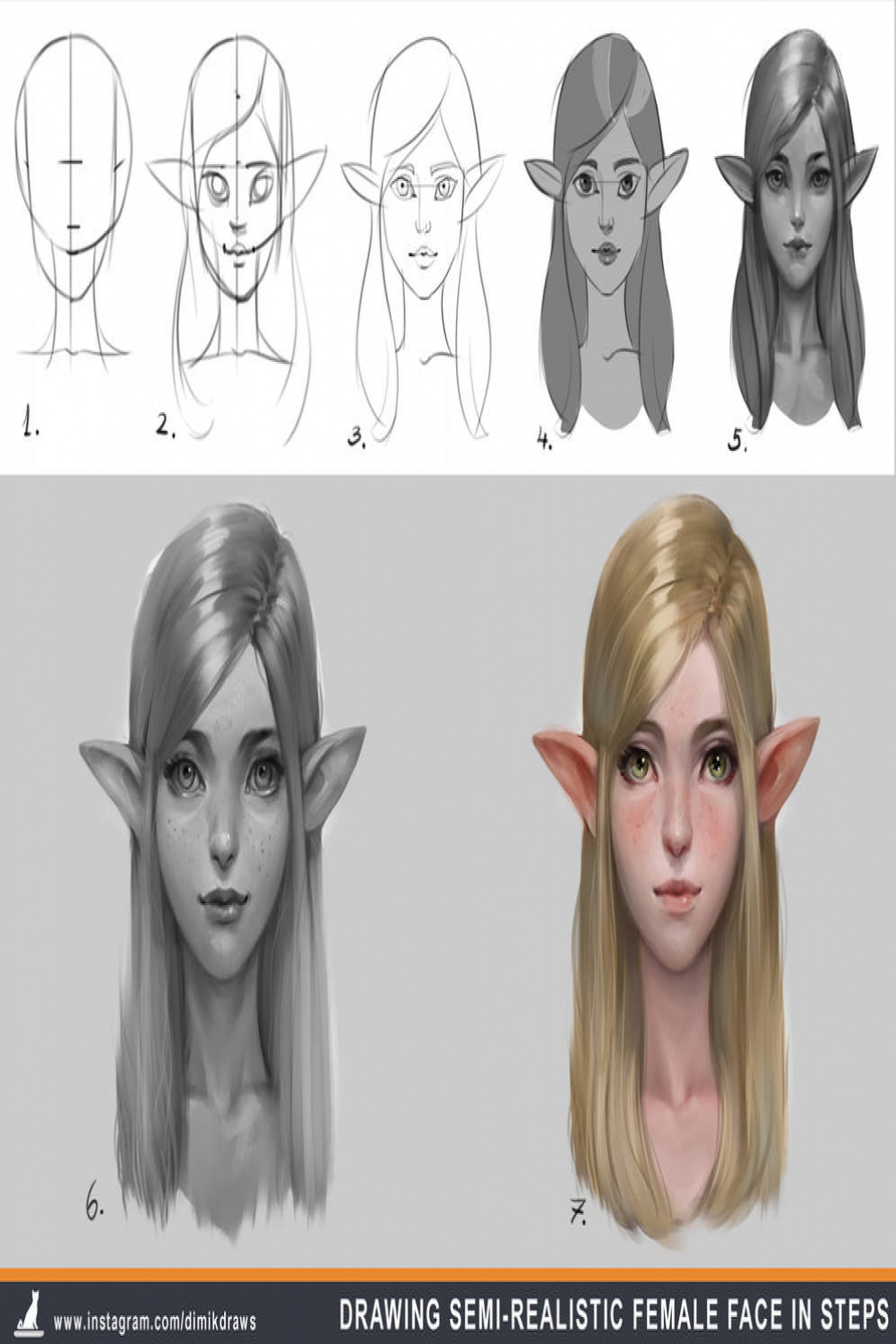 How to draw semi-realistic female face in steps by Dimikka on