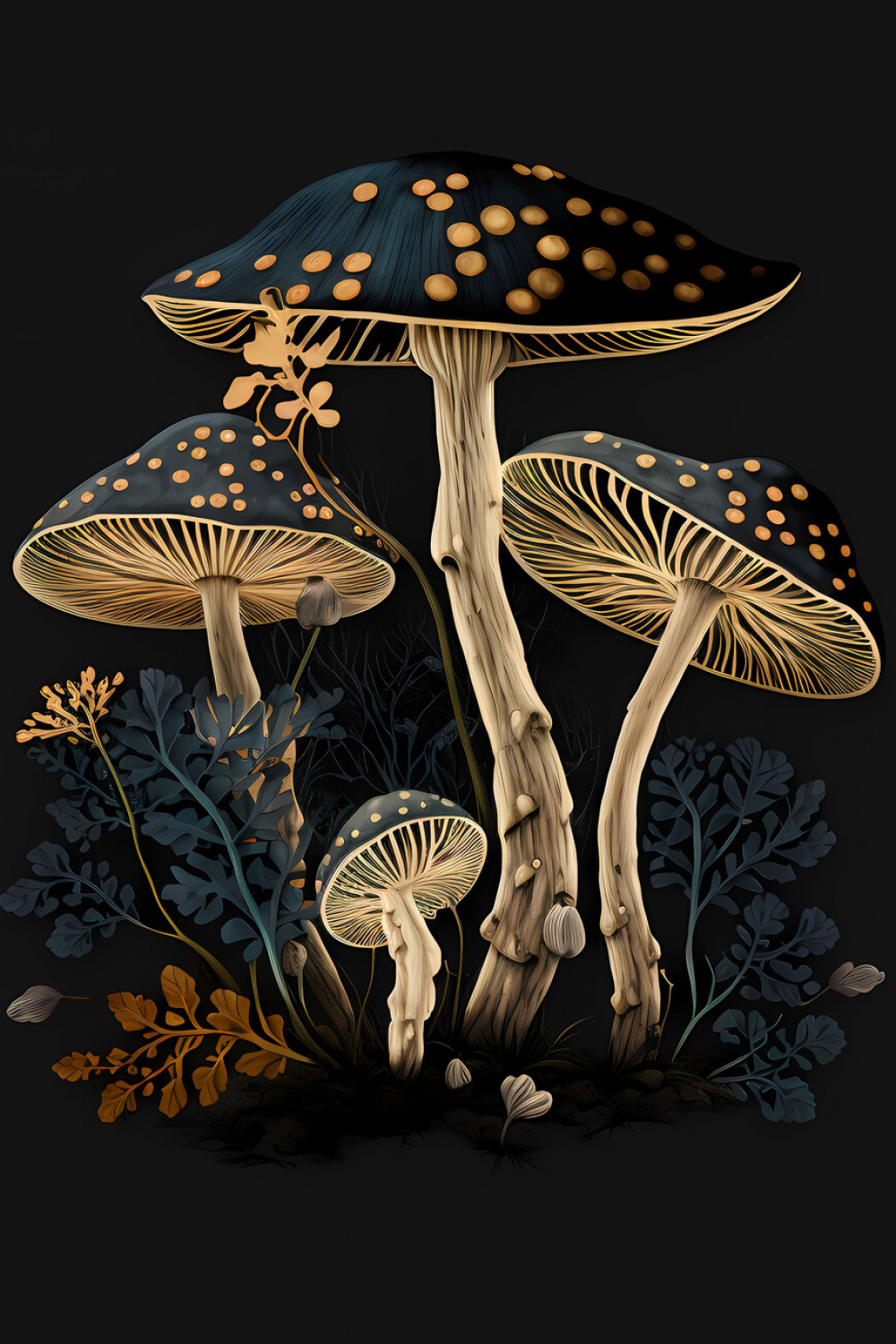 Illustration Glowing Mushrooms on Black Background