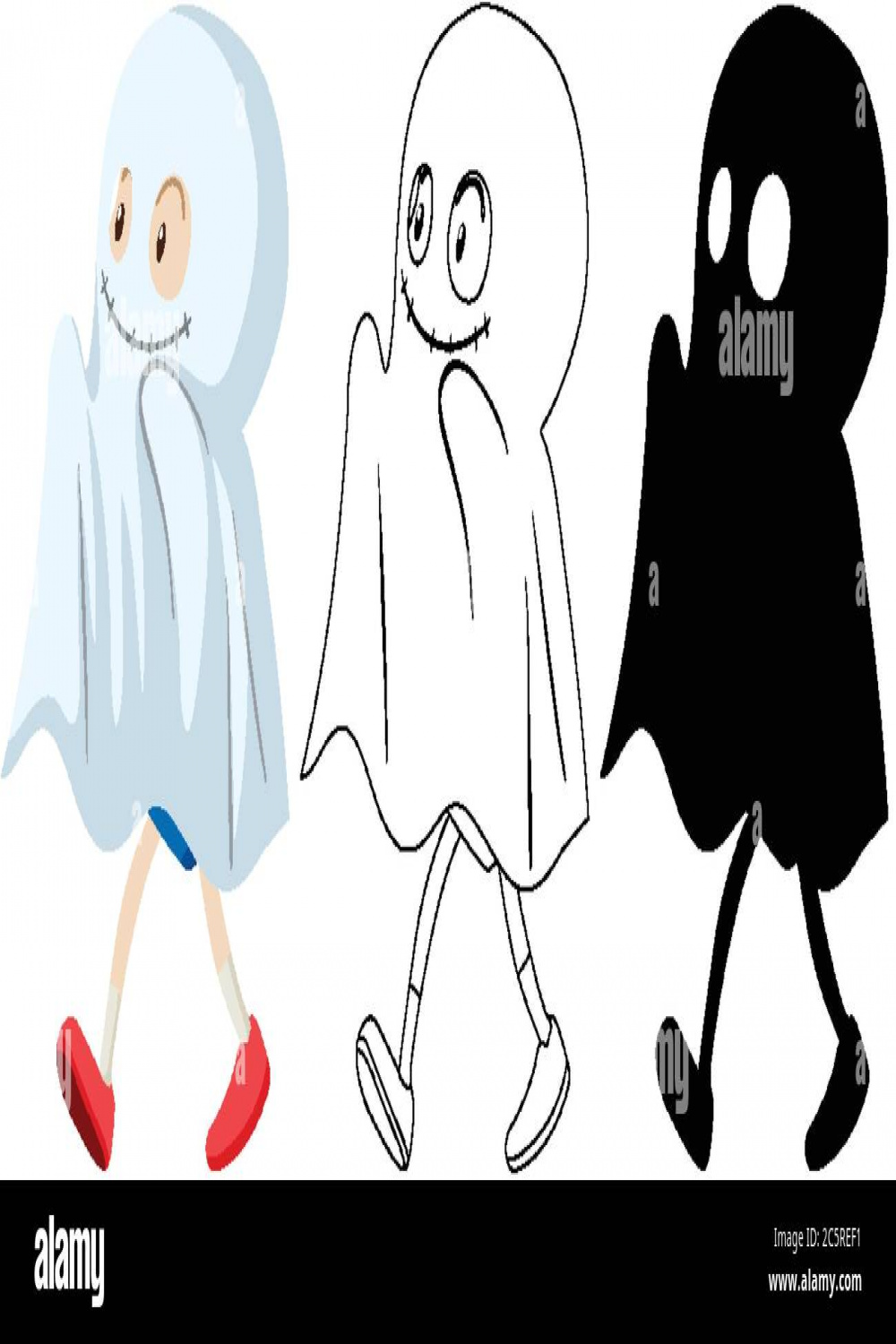 Kid wearing ghost costume in colour and silhouette and outline