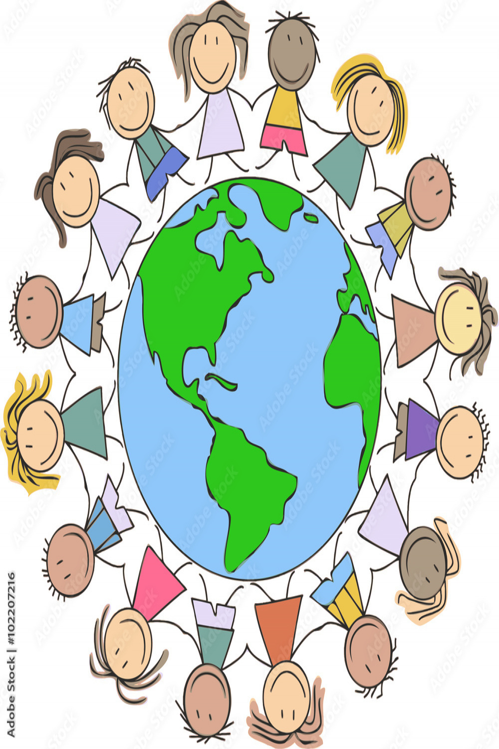 kids illustration - children drawing / kids holding hands on world