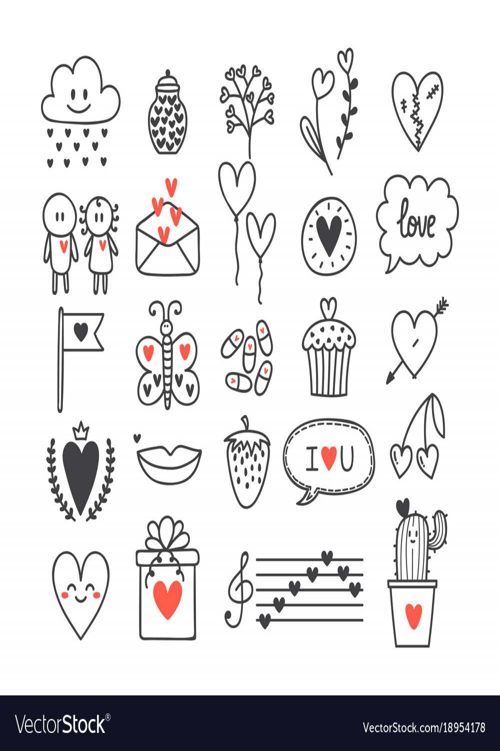 Love and hearts hand drawn set of cute doodle Vector Image