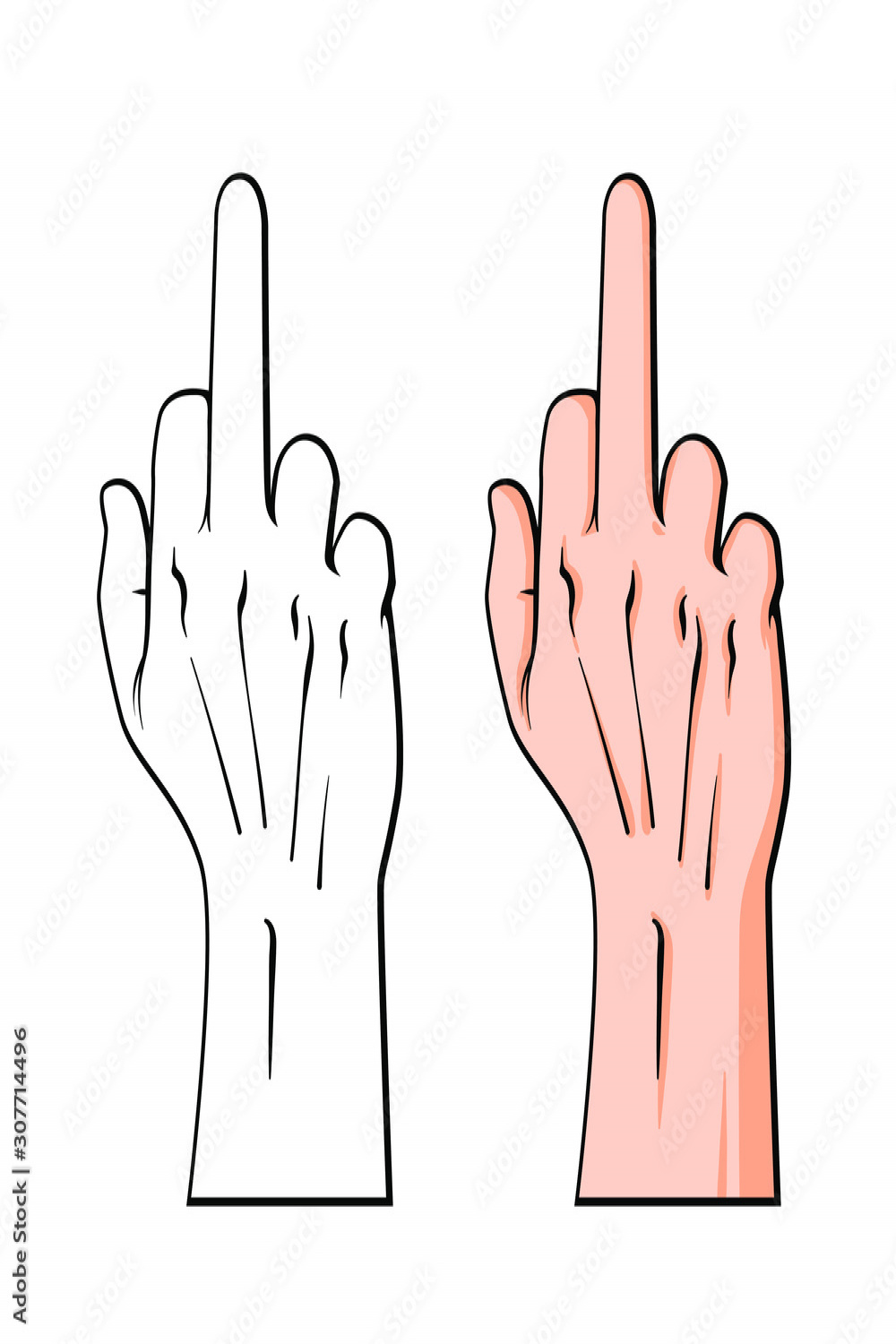 Middle finger up, right hand, vector line art sketch hand drawn
