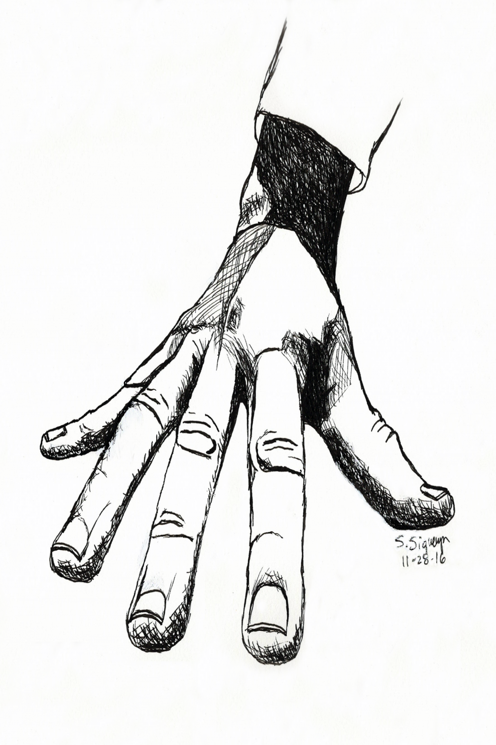 pen hand drawing, drawing of fingers pressing down
